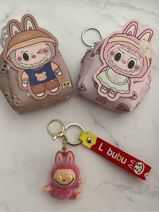 None Handbags - Lot of 2 Labubu Mini Backpack Keychain Charm Pink Girl Tan Boy plus Red Keychain